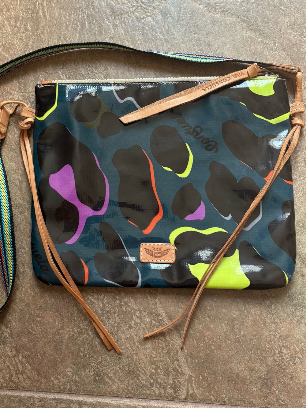 Consuela Teal Multicolor Camo/Leopard Crossbody/Shoulder purse with Leather Trim